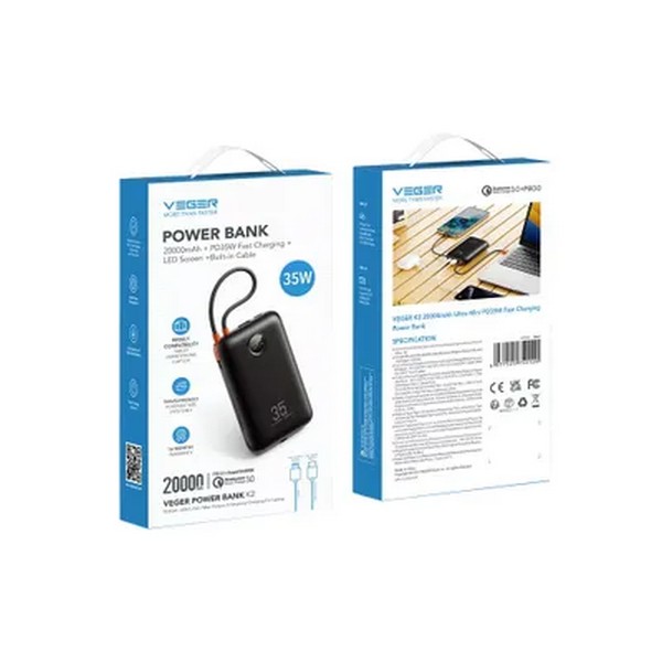 Veger K2 W2068 powerbank s kapaciteto 20.000 mAh, hitrim polnjenjem