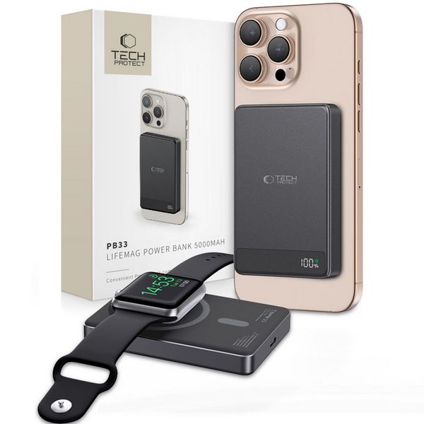 MagSafe Power Bank Tech Protect PB33 5000 mAh - črn 1 MagSafe Power Bank Tech Protect PB33 5000 mAh je visoko kakovosten adapter za polnjenje pametnih telefonov, ur in prenosnih računalnikov.