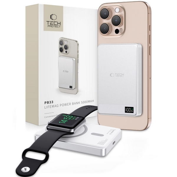 MagSafe Power Bank Tech Protect PB33 5000 mAh - bel 1 MagSafe Power Bank Tech Protect PB33 5000 mAh je visoko kakovosten adapter za polnjenje pametnih telefonov, ur in prenosnih računalnikov.