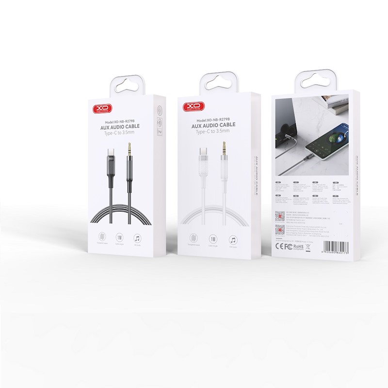 Aux kabel USB-C na 3.5mm XO NB-R279B 3 Premium USB-C to 3.5mm kabel za slušalke – embalaža