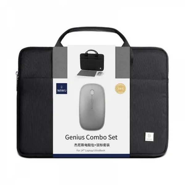 WiWU Genius Combo Set vodoodporna torba za prenosnik 14″ črna, torba+miška+podloga