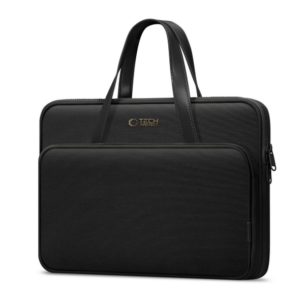 Zaprta torba za prenosnik 15.6 Tech-Protect, črne barve, prikazana od spredaj na svetli podlagi.